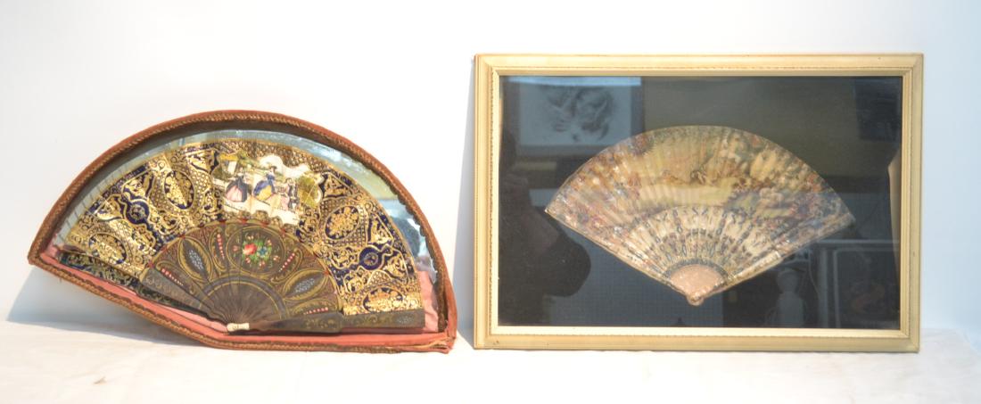 (2) FRAMED FANS INCLUDING LANDSCAPE: SET IN SHADOW BOX FRAME , ONE SIGNED D. SPRAND - 24" x 16"