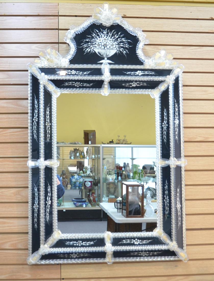 LARGE VENETIAN MIRROR WITH ETCHED FLOWER: BASKET & FLORAL ROSETTES - 32" x 52"