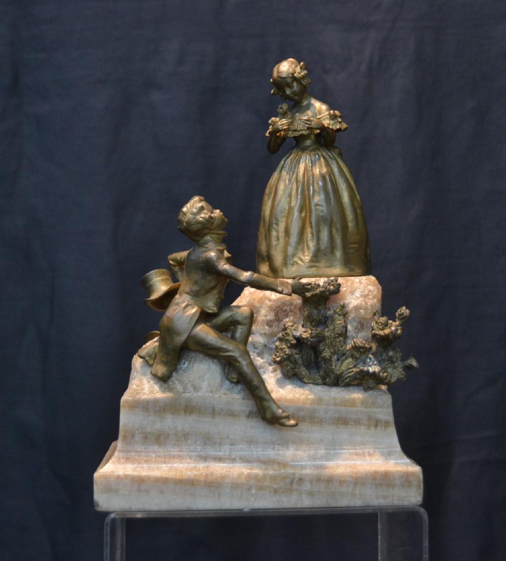 19thC FRENCH BRONZE & MARBLE COUPLE: DEPICTING MAN COURTING WOMAN ON MARBLE MOUNTAIN FORM BASE - 7" x 5 1/2" x 11"