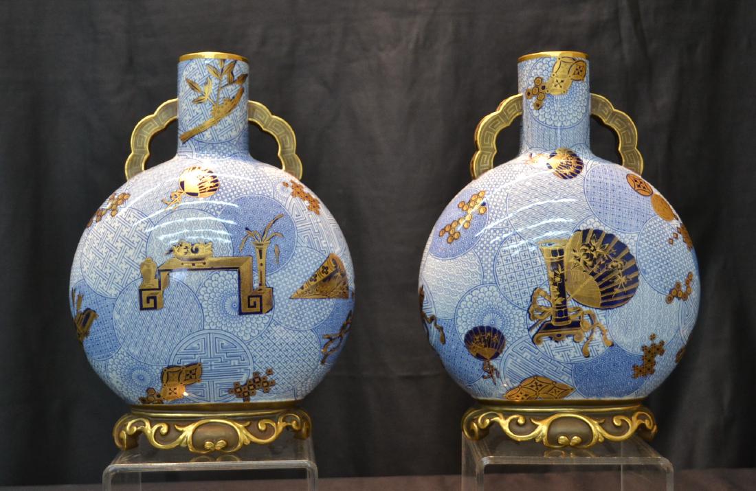 (Pr) ROYAL WORCESTER JAPANESQUE FLASK VASES: BLUE ENAMELED DECORATIONS WITH JAPANESQUE MOTIF GILT FANS , VASES & BAMBOO , WITH ORIGINAL WORCESTER LABELS - 8" x 3" x 11 1/2"