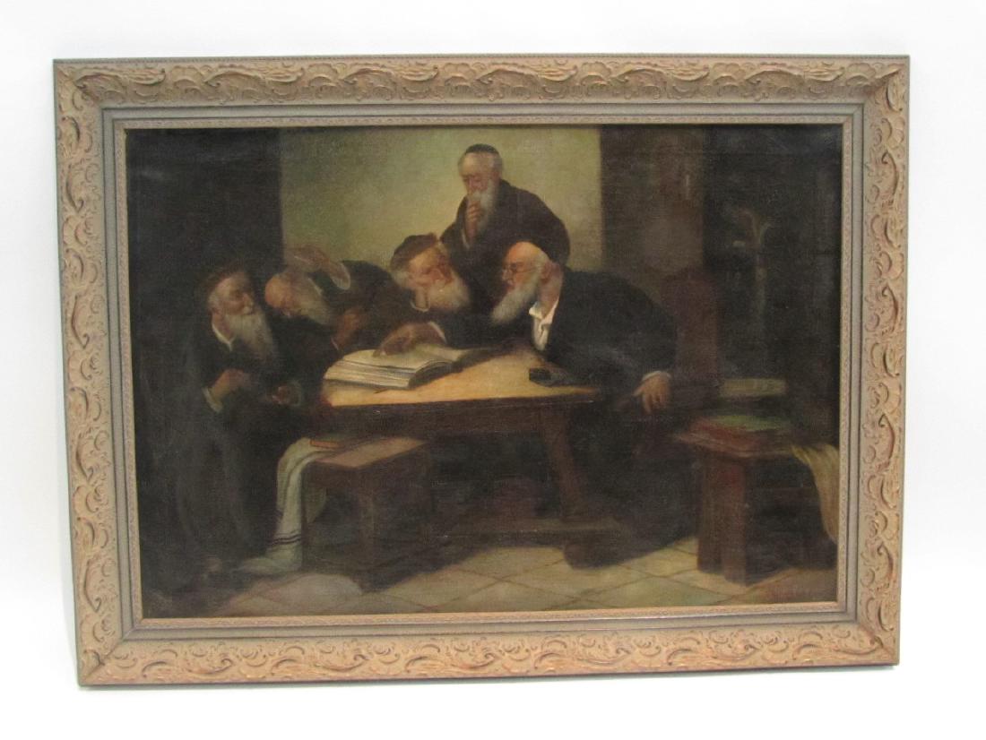 ATTRIBUTED TO YEHUDA PEN (1854-1937): YEHUDA PEN (RUSSIA / LITHUANIA) OIL ON CANVAS OF (5) RABBI GROUPING , SIGNED LOWER RIGHT , , ALSO KNOWN AS YURI PEN , HIS MOST FAMOUS ART STUDENT WAS MARC CHAGALL - 40" x 28" , 48" x 36" FRAMED