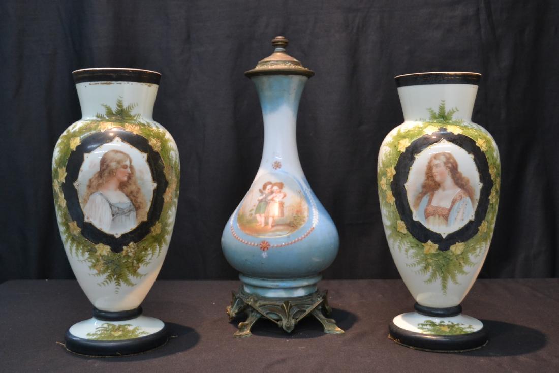(Pr) BRISTOL PORTRAIT VASES & OPALINE VASE LAMP: WITH BRONZE BASE & CHILDREN MEDALLION (SOME GROUND LOSS) 5 1/2" x 14 1/2" ; LAMP BASE IS7" x 17 1/2"