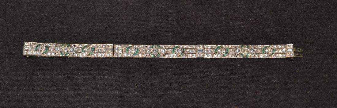 DECO PLATINUM DIAMOND & EMERALD BRACELET: CONTAINING APPROXIMATELY - 7-7.5ctw's OF DIAMONDS INCLUDING (3) MARQUIS DIAMONDS APPROXIMATELY 30 POINTS EACH - 30.9grams - 7" LONG
