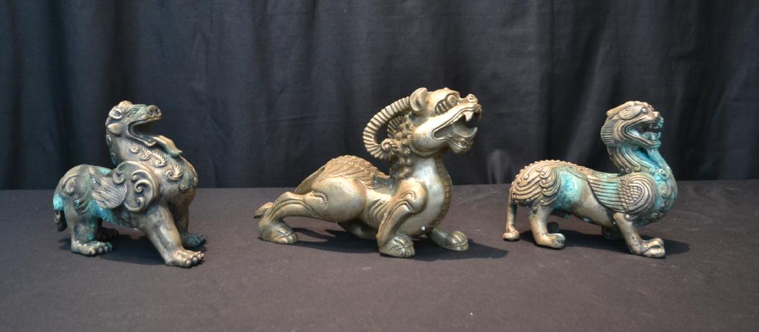 (3) SILVERED CHINESE FOO DOGS: 3 1/2" x 11" x 8"