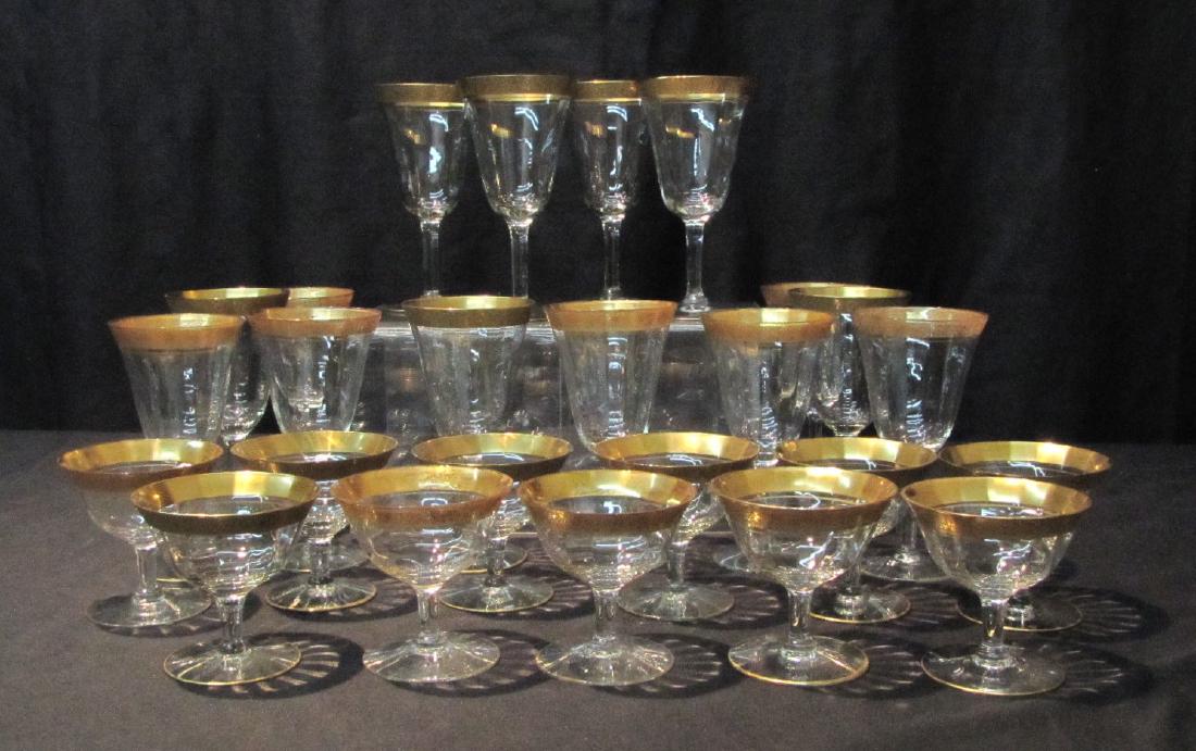 GOLD RIM STEMWARE INCLUDING: (14) WINE GLASSES , 7" & (11) CHAMPAGNE GLASSES - 3 3/4"