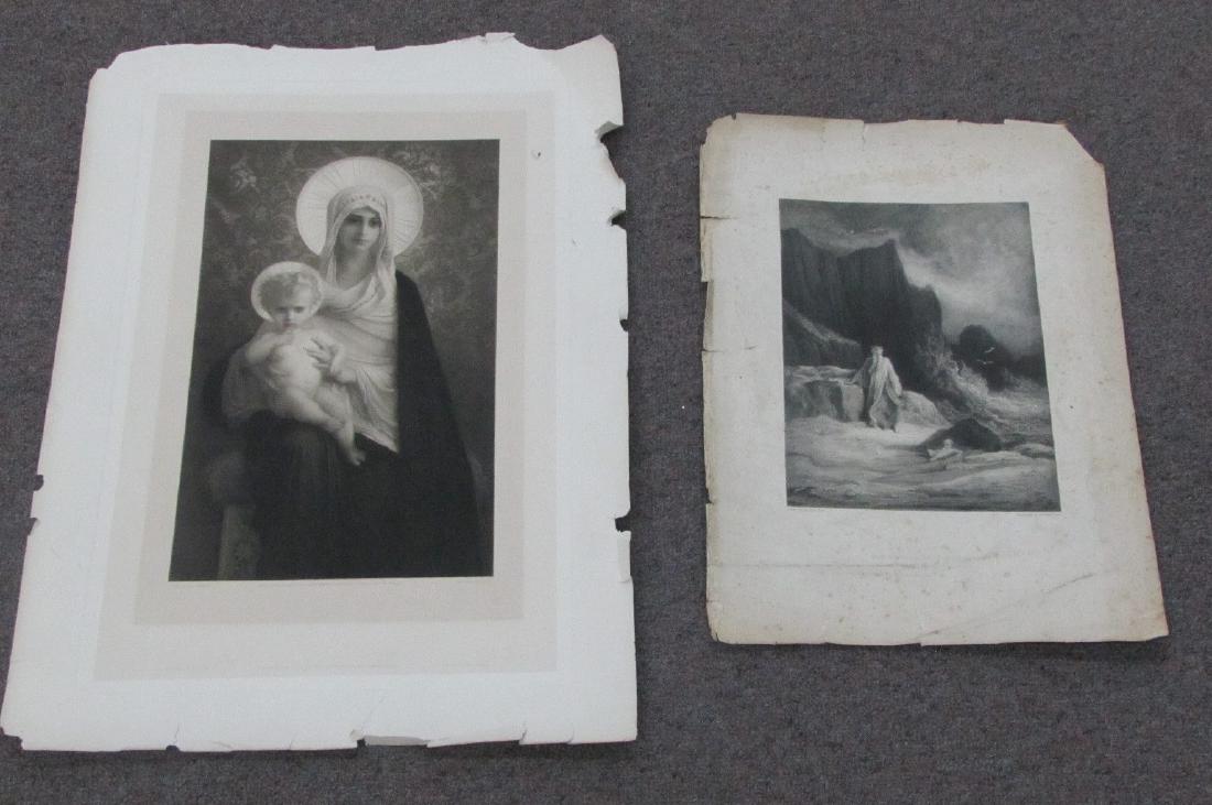 (2) RELIGOUS ENGRAVINGS: ANTOINE AUGUSTE ERNEST HEBERT "VIRGIN & CHILD" PUBLISHED BY KNOEDLER , ENGRAVED BY A. HUOT & GUSTAVE DORE ENGRAVING BY W. GEATBACH " THEY FOUND A NAKED CHILD UPON THE SANDS" - 16" x 12" & 22" x 16" (S