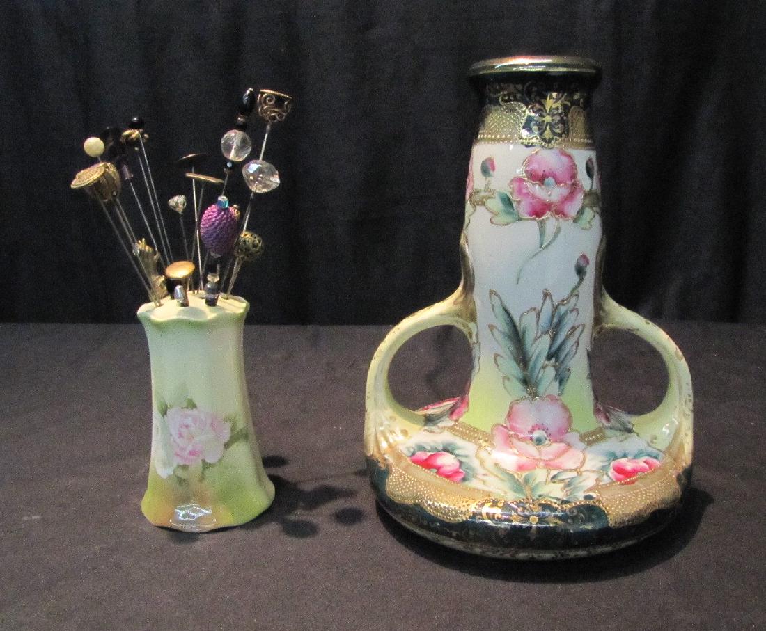 NIPPON VASE & NIPPON HAT PIN HOLDER WITH: (20) VINTAGE HAT PINS - 9 1/2" x 8" , 4 1/2" x 3"