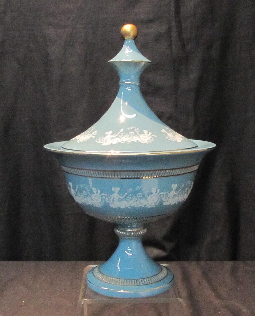 TEAL BLUE CAPODIMONTE COMPOTE WITH GOLD TRIM: 13" x 9"