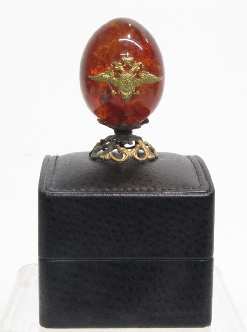RUSSIAN ? AMBER EGG WITH EAGLE WITH: CZAR NICHOLAS II PORTRAIT & DOUBLE EAGLE - 3" x 2"