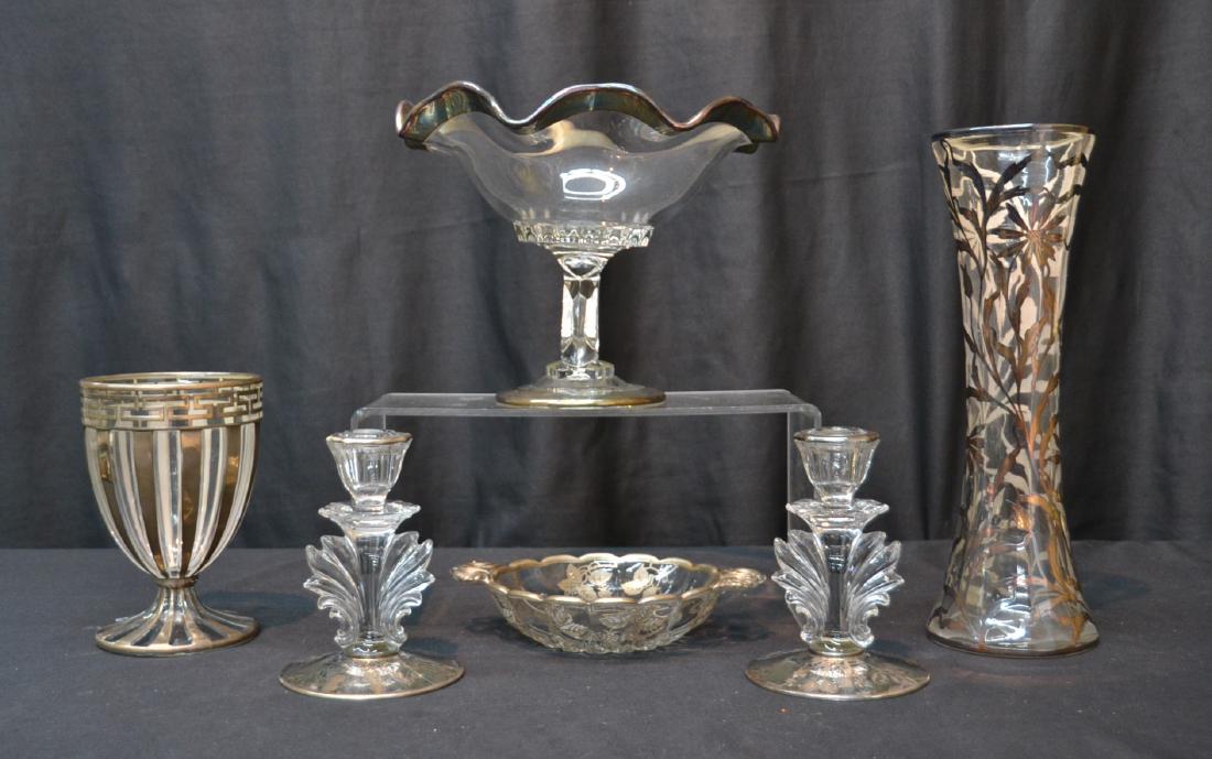 ASSORTED SILVER OVERLAY & SILVER ANNIVERSARY: (2) VASES , BOWL , (Pr) CANDLESTICKS & PEDESTAL BOWL - LARGEST PIECE IS 9 1/2" x 7"