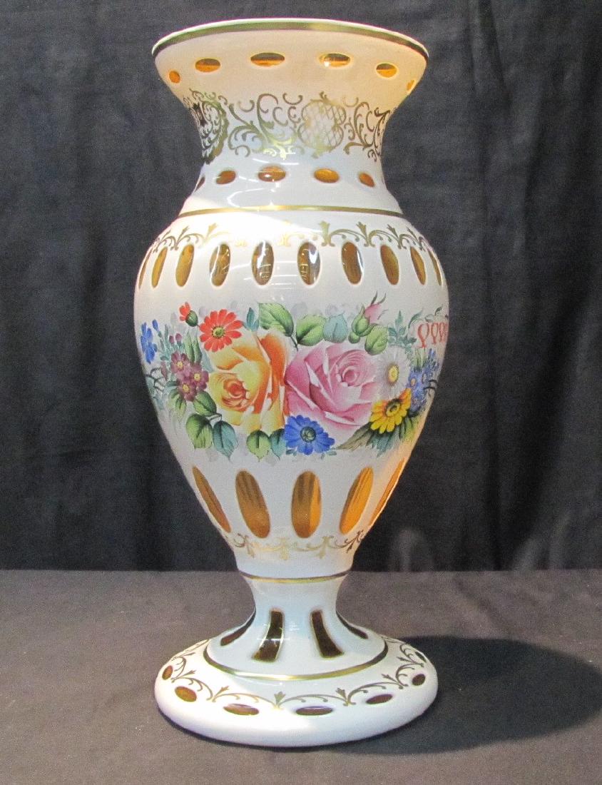 LARGE BOHEMIAN CASED GLASS VASE WITH FLOWERS: 7" x 16 3/4"
