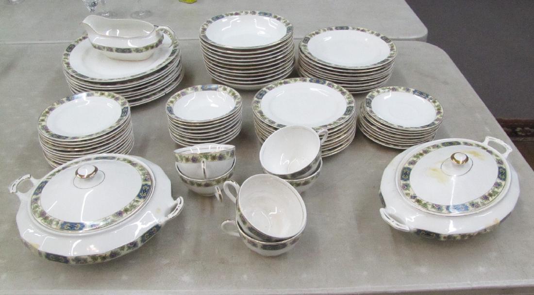 VITREOUS CHINA DINNER SET CONSISTING OF: (9) DINNER PLATES, (11) SOUP BOWLS , (10) LUNCHEON, (12) BREAD PLATES , (9) DESSERT PLATES, (9) BERRY BOWLS , (8) SAUCERS, (6) TEA CUPS, GRAVY BOWL, COVERED VEGETABLE & OVAL VEGETABLE (SOME STAINS)