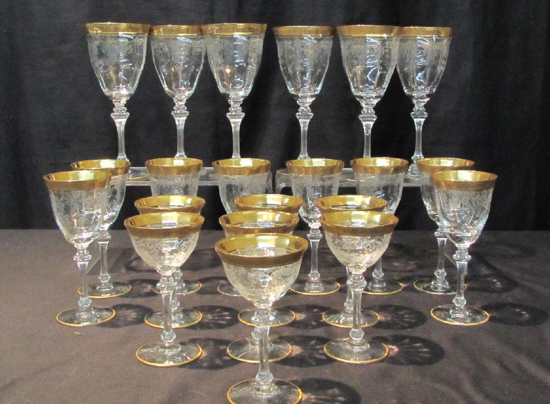 FLORAL DECORATED GOLD TRIM STEMWARE GLASSES: WITH ETCHED FLOWERS CONSISTING OF (6) LARGE WINE GLASSES - 8" , (8) SMALL WINE GLASSES - 6 1/4" , (7) CORDIAL GLASSES - 5 1/4"