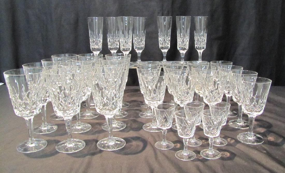 GORHAM "LADY ANNE" STEMWARE GLASSES: (12) WATER GLASSES - 7 1/4" , (13) WINE GLASSES - 6" , (3) WITH SMALL CHIPS, (7) CHAMPAGNE FLUTES , (5) CORDIALS OF DIFFERENT PATTERN (37)pc's TOTAL