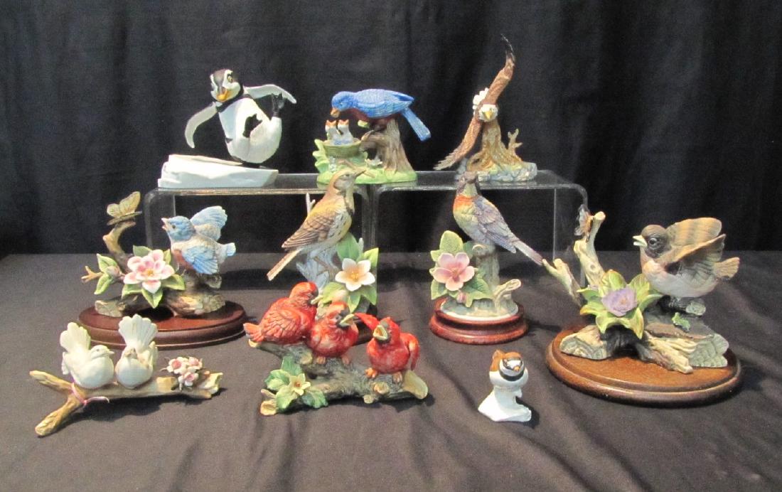 (10) ASSORTED PORCELAIN BIRDS: SOME ON STANDS TO INCLUDE LEFTON , FRANKLIN MNT , GOEBEL , ROYAL CROWN , TWIN OAKS & ANDREA BY SADEK - 5 3/4" x 3 1/2" x 5 1/2"