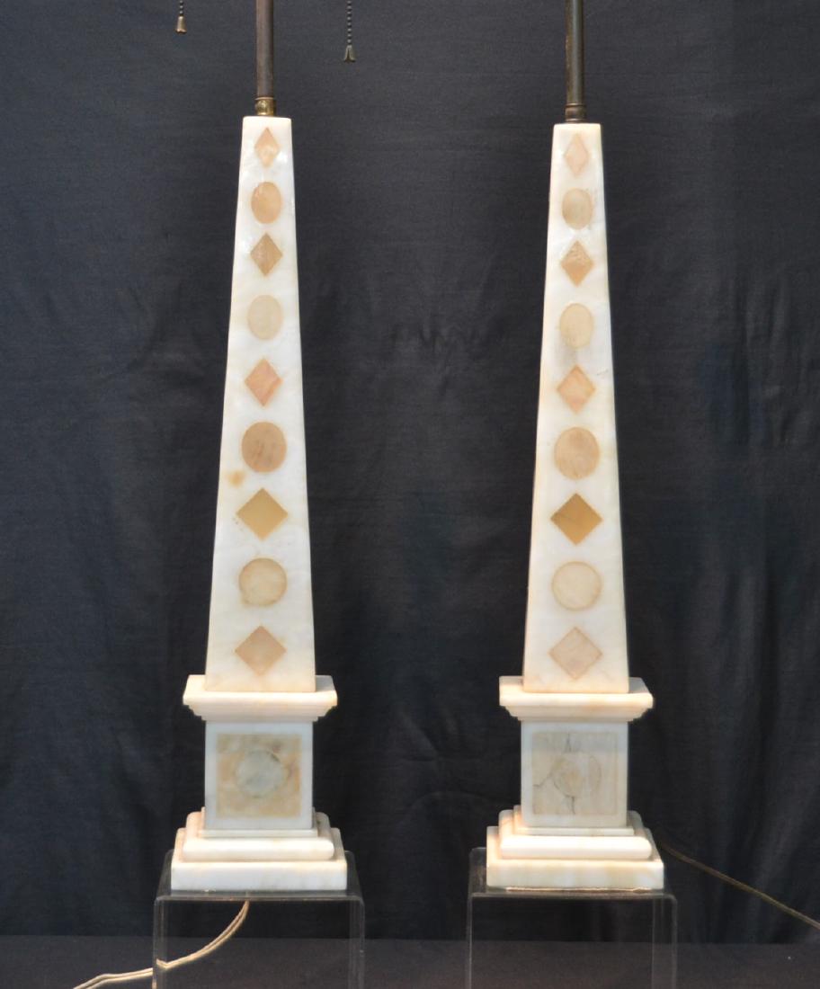 (Pr) MARBLE SPECIMEN OBELISK LAMPS: WITH INLAID MARBLE - 5" x 5" x 22" , 35" TALL OVERALL