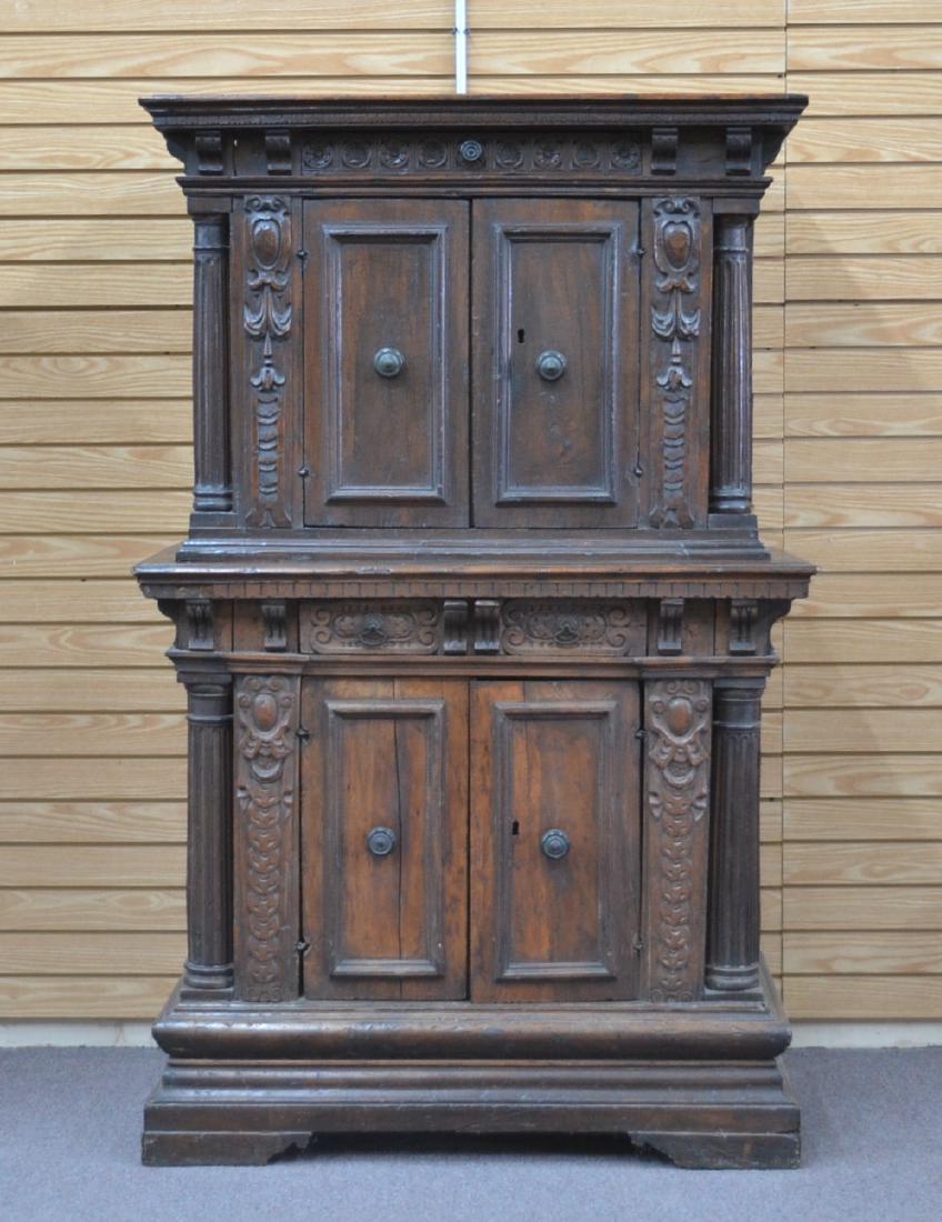 17thC ITALIAN RENAISSANCE WALNUT CREDENZA: 2-PART DEUX CORPS , 17th CENTURY WALNUT CREDENZA CABINET CONTAINING 2-DOORS BELOW A FRIEZE WITH SMALL DRAWER FLANKED BY FLUTED COLUMNS WITH CARVED CARTOUCHE & GADROONED DECORATIONS , HAVING ORIGINAL H