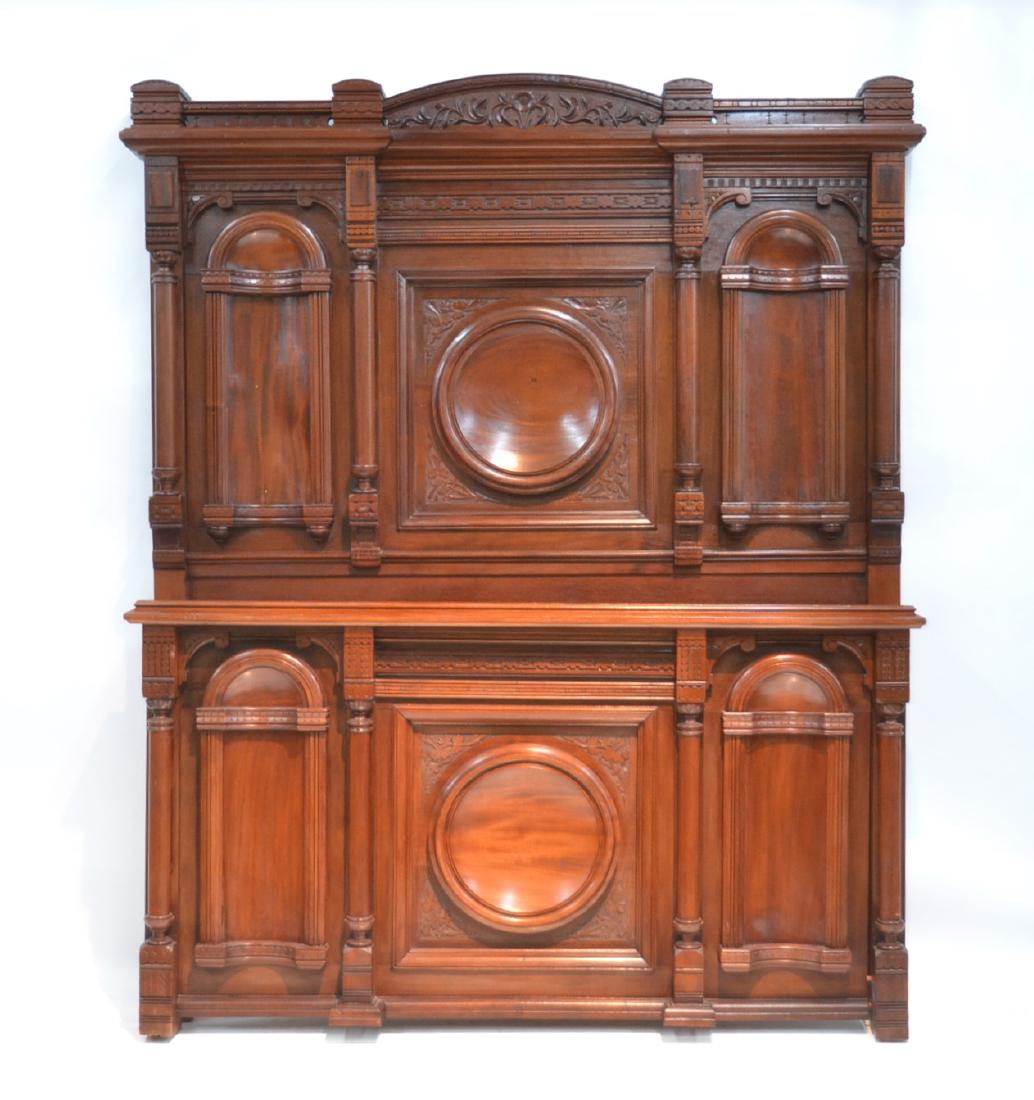 FINE AMERICAN GOTHIC MAHOGANY CARVED BED: WITH COLUMNS , CARVED TRIM & NICHES - HEADBOARD IS 61" x 75" , FOOTBOARD 61" 34" , RAILS 75"