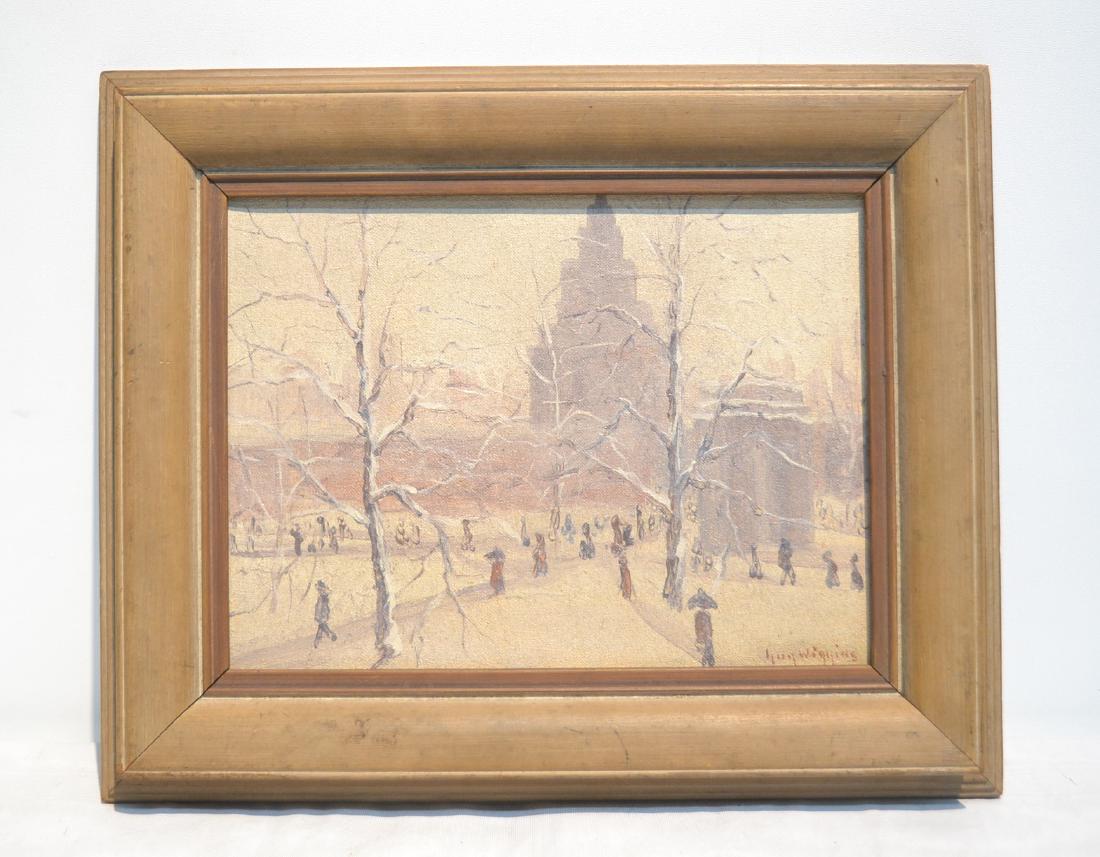 ATTR. GUY CARLETON WIGGINS (AMERICAN, 1883-1962): ATTRIBUTED TO GUY CARLETON WIGGINS , OIL ON CANVAS WINTRY NEW YORK CITY SCENE , TITLED "A WALK ALONG THE PARK" , INVERSO , SIGNED GUY WIGGGINS , LOWER RIGHT , TITLED & SIGNED INVERSO , GUY WIGGINS NA