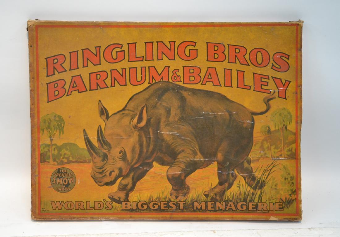 RINGLING Bros. BARNUM & BAILEY CIRCUS POSTER: RHINO WORLDS BIGGEST MENAGERIE" , ART FOR BILL BAILEY , ca. 1947 , MOUNTED & LACQUERED TO BOARD - COPYRIGHT 1945 , R.B. & BAILEY - 27" x 20