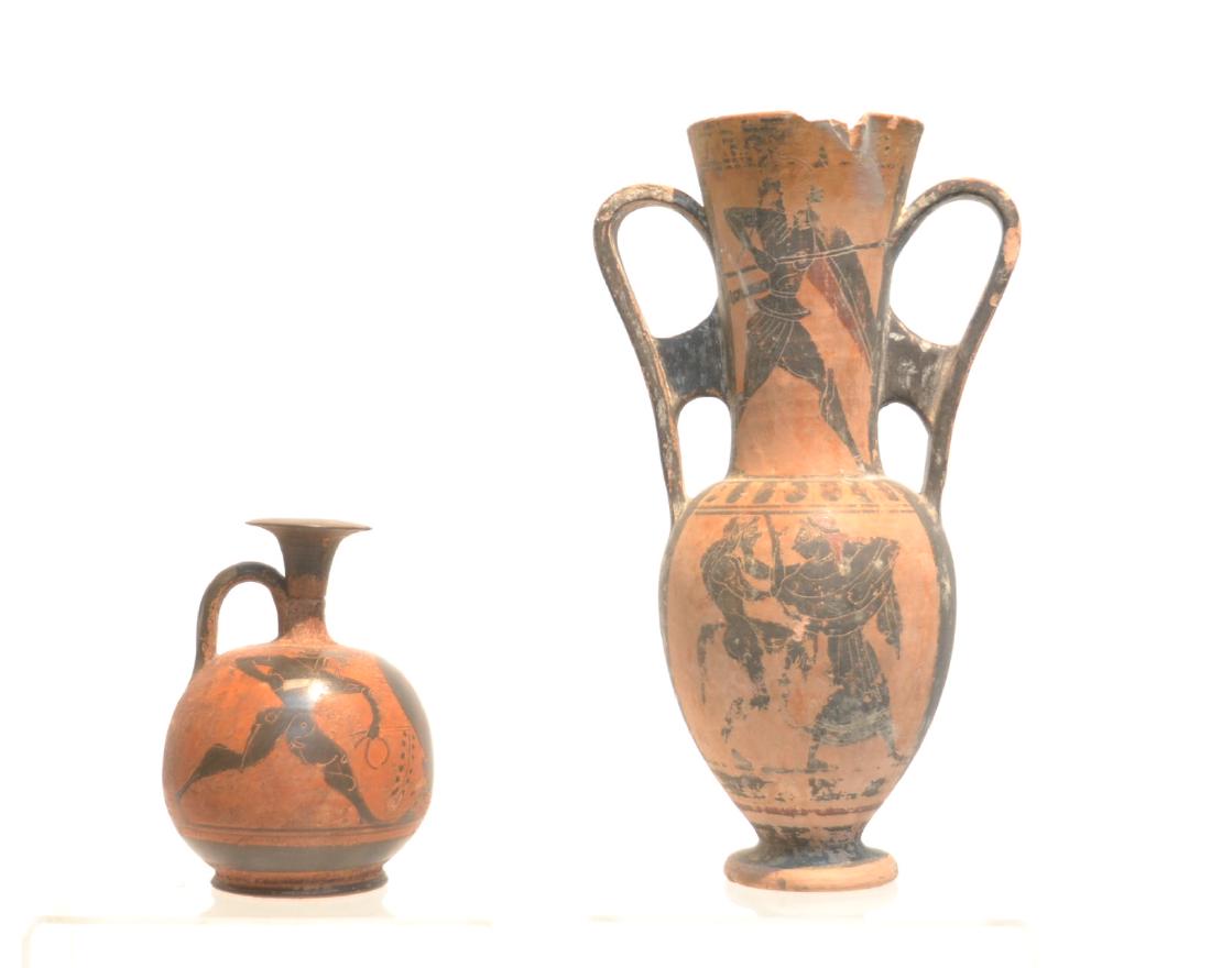 (2) GRECIAN STYLE TERRACOTTA VASES: (ONE HAS LOSSES) 6 1/4" x 10 3/4"