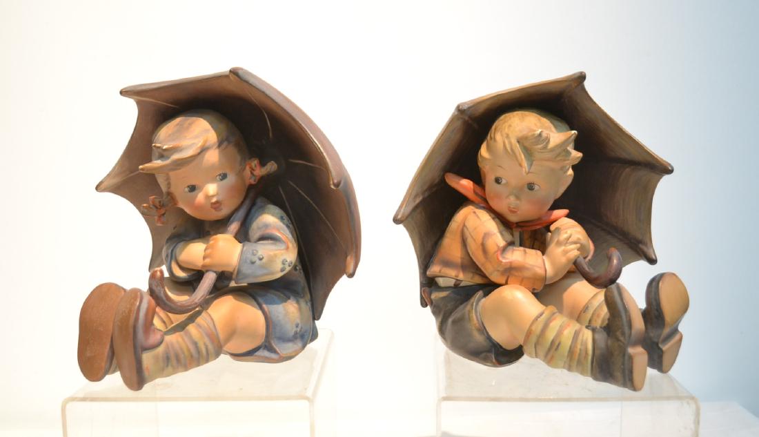 EARLY HUMMEL "UMBRELLA BOY" & "UMBRELLA GIRL": (Pr) EARLY HUMMEL GOEBEL UMBRELLA BOY & GIRL - (2) DIFFERENT MARKS - 152 A & B , 1951 - 7" x 7" x 8"