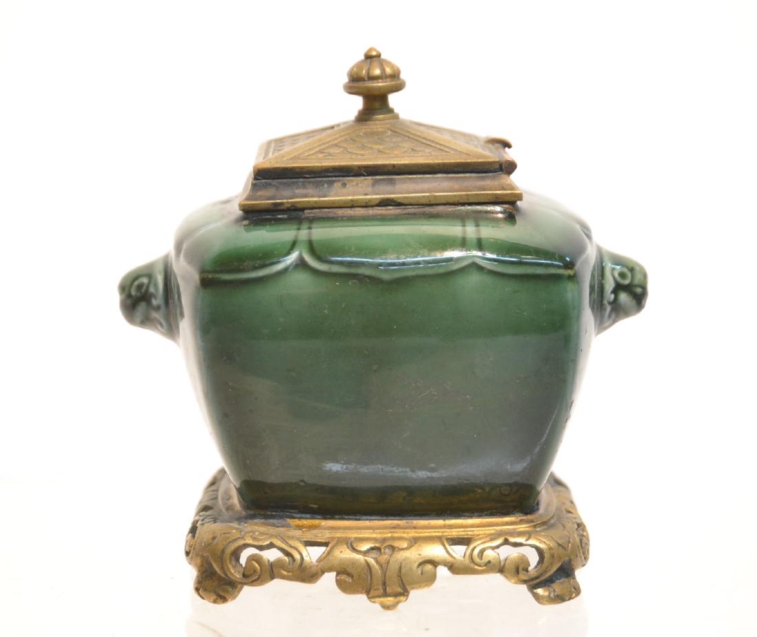 THEODORE DECK (1823-1891) GREEN EARTHENWARE: INKWELL WITH BRONZE MOUNTS , SIGNED TH. DECK , 3" x 3" x 4"