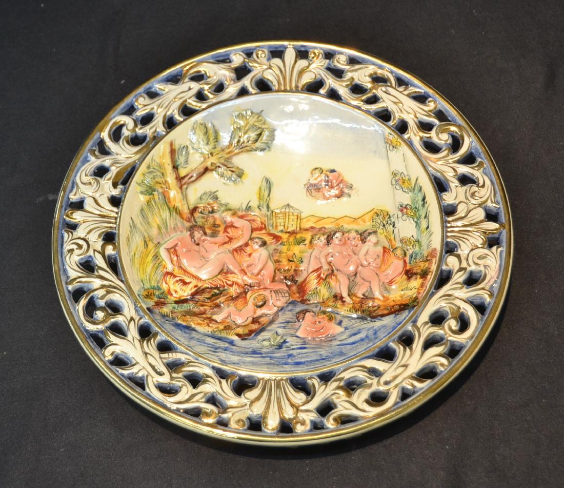 RETICULATED CAPODIMONTE PORCELAIN CHARGER: WITH FIGURES IN LANDSCAPE , SIGNED ITALY - 11 1/2"