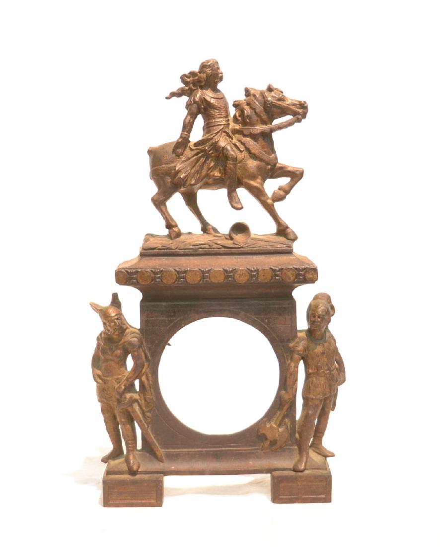 CAST IRON FRAME WITH KNIGHTS: & MAN ON HORSE - 8" x 3" x 15 1/2"