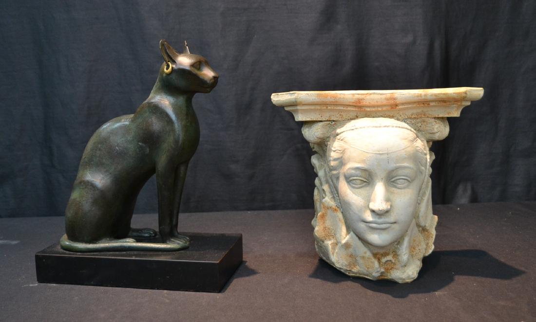 COMPOSITION SEATED CAT & PLASTER WALL SHELF: WITH MASKS - CAT IS 10" x 5" x 13"