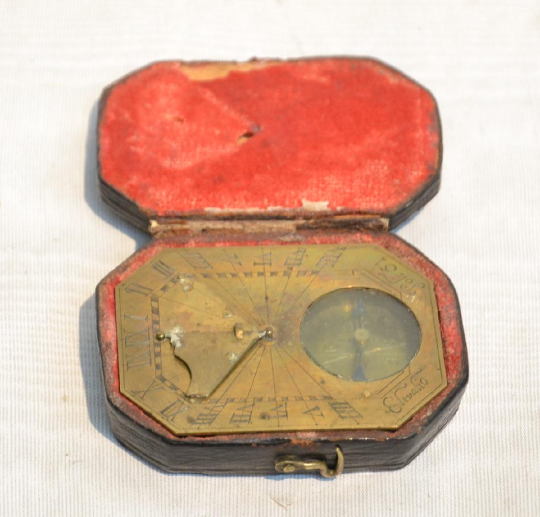 18th - 19thC FRENCH ? BRASS POCKET COMPASS - SUNDIAL: IN ORIGINAL CASE - 2 3/4" x 2"