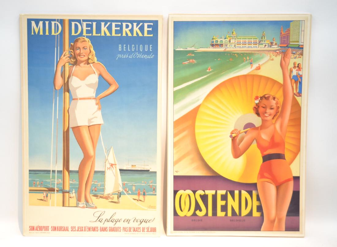 (2) VINTAGE TRAVEL ADVERTISING POSTERS INCLUDING: "MID DELKERKE BELGIQUE" BY HERMAN VERBAERE , 1946- 24 1/2" x 39 1/4" & "OSSTENDE" BELGIUM BY ROGER (ROGIO) BERCKMANS , ca. 1936