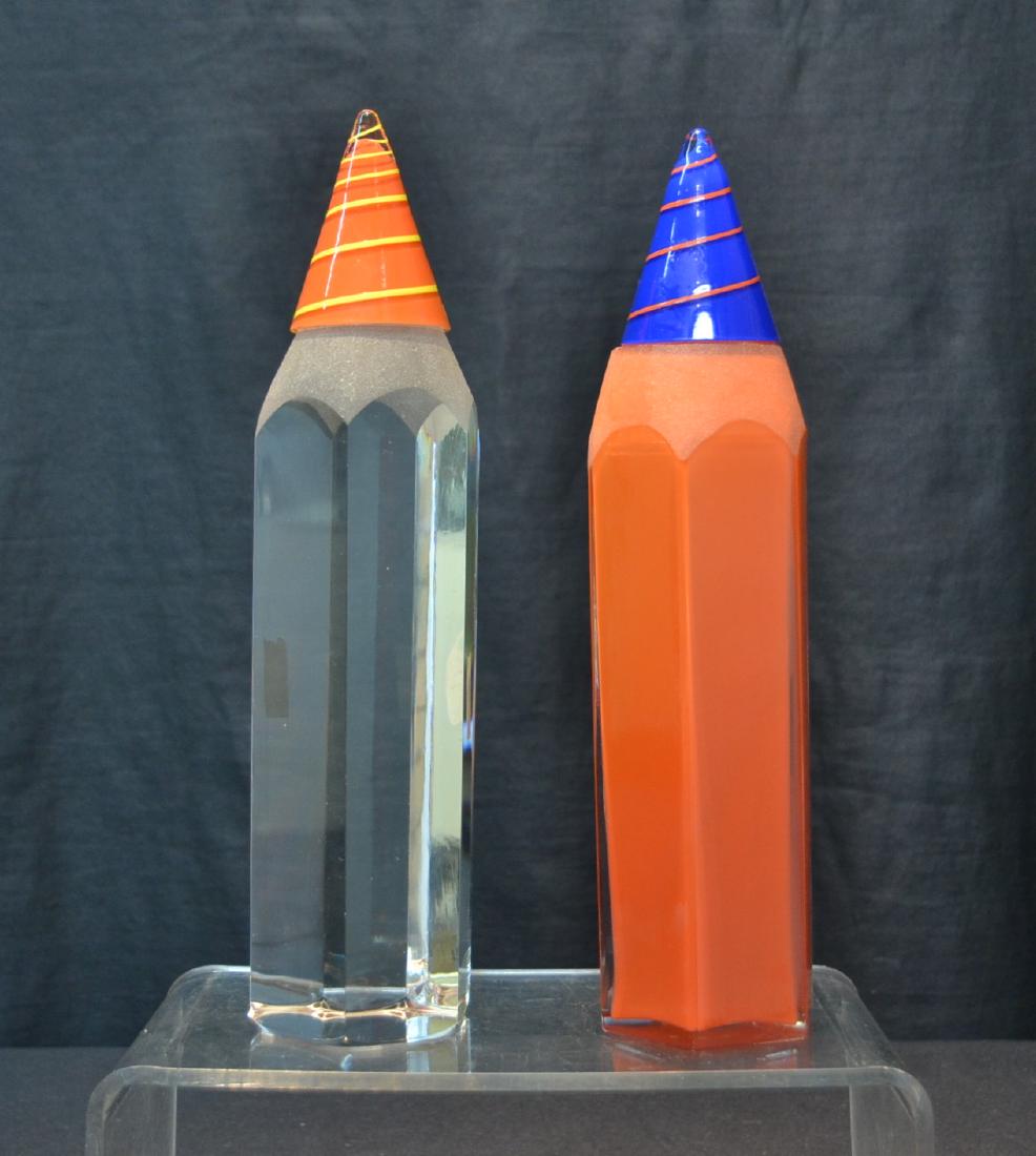 (2) KOSTA BODA , HAND BLOWN ART GLASS PENCIL VASE: & PENCIL SULPTURE ; ARTIST SIGNED KJELL ENGMAN - 3" x 12" (ONE IS HEAVY SCULPTURE & ONE IS COVERED VASE)