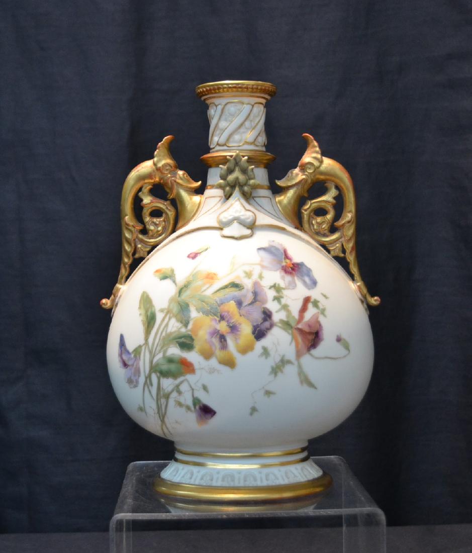 ROYAL WORCESTER TWIN HANDLE VASE WITH FLOWERS: 6 1/2" x 5" x 10"