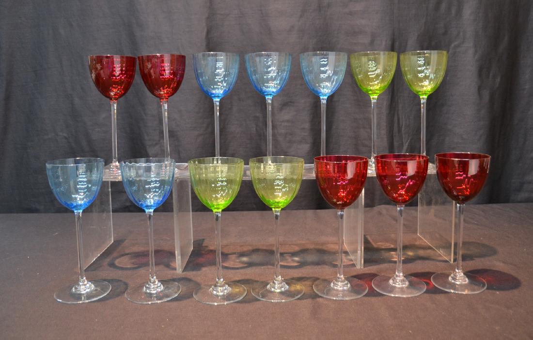 (14) COLORED BACCARAT WINE GLASSES: (5) RED , (5) BLUE & (4) GREEN - 3" x 7 1/4'