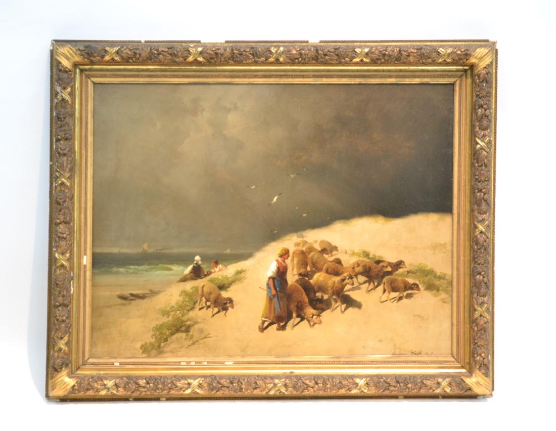 JAMES WEBB (BRITISH, 1825-1895) OIL ON CANVAS: OF FIGURES WITH SHEEP ON STORMY COASTAL BEACH , SIGNED JAMES WEBB , LOWER RIGHT , 36" x 28 1/2" ; 44" x 35: IN GILT FRAME (RELINED)