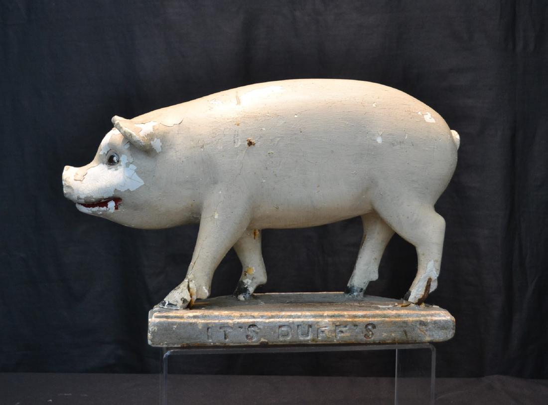 "IT'S DUFF'S" PLASTER ADVERTISING PIG: (SOME CRACKS & PAINT LOSS) 12" x 6 1/2" x 11 1/2"