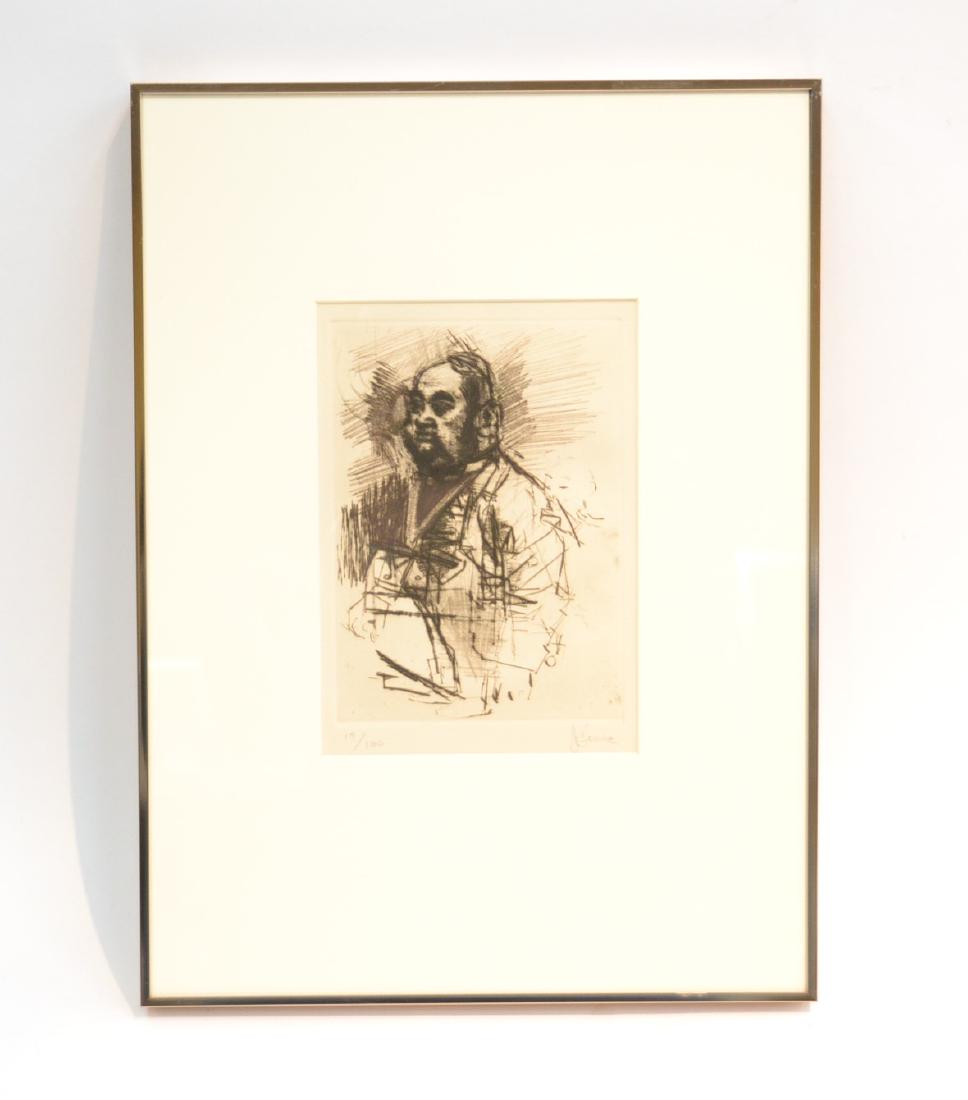 JACK LEVINE (1915-2010) ORIGINAL ETCHING: "HONG KONG TAILOR" , HAND SIGNED & NUMBERED 19/100 ; PLATE SIZE IS 6 3/4" x 6 3/4" ; 11 1/2" x 15 1/2" FRAMED