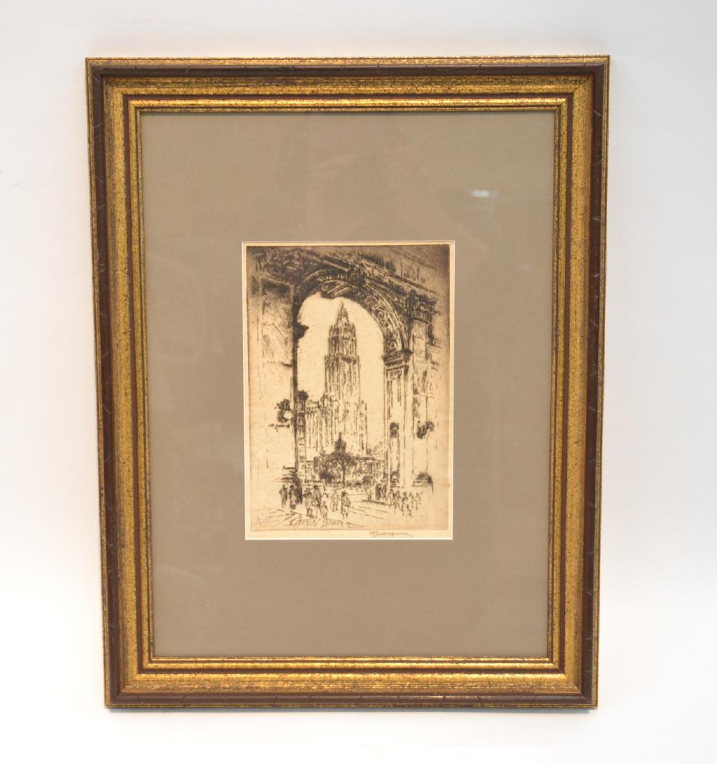 JOSEPH PENNELL , ETCHING: Joseph Pennell (American, 1860-1926)"THE WOOLWORTH BUILDING THROUGH THE ARCH" , 1921 , PENCIL SIGNED WITH PENNELS IMPRESSION "IMP" ,WERTH #785 - 7" x 10" , 17" x 22" OVERALL