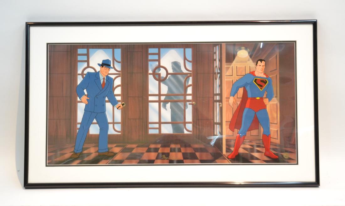 FLEISCHER STUDIOS SUPERMAN CELL: FLEISCHER STUDIOS INC, D.C COMICS , ANIMATED ARTWORK CELL - 34" x 17" , 40 1/2" x 23" OVERALL