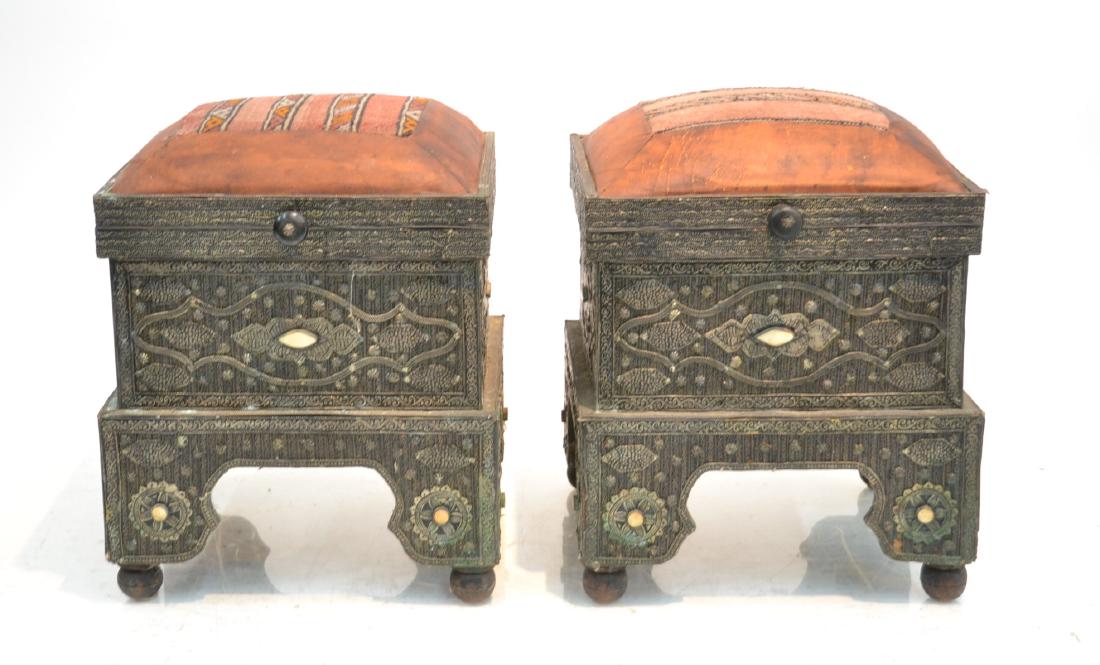 (Pr) ANTIQUE MOROCCAN STORAGE OTTOMANS: WITH JEWELS & CARPET UPHOLSTERY - 15" x 15" x 20"