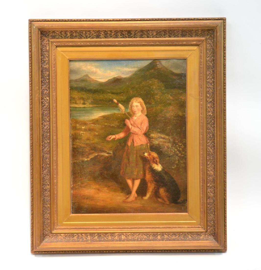 OIL ON CANVAS WOMAN WITH SHEPHARD DOG: & SHEEP IN MOUNTAIN LANDSCAPE , SIGNED S. EUDINSTON ? ,1876, LOWER LEFT , HAS W.F. ROSS CANVAS STAMP ON BACK - 15" x 20" , 25" x 29 1/2"