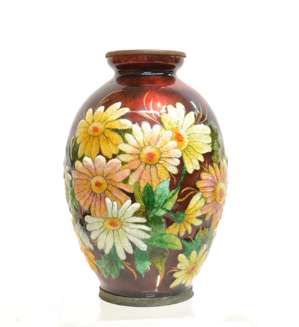 CAMILLE FAURE , LIMOGES ENAMEL VASE WITH: RAISED MOLDED ENAMEL FLOWERS ALL AROUND , SIGNED FAURE - LIMOGES, FRANCE , NO. 218 , LIMOGES ; WITH LABEL ON BOTTOM SIGNED FAURE (CAMILLE FAURE , FRENCH , 1874-1956) 4 1/2" x 7 1/2"