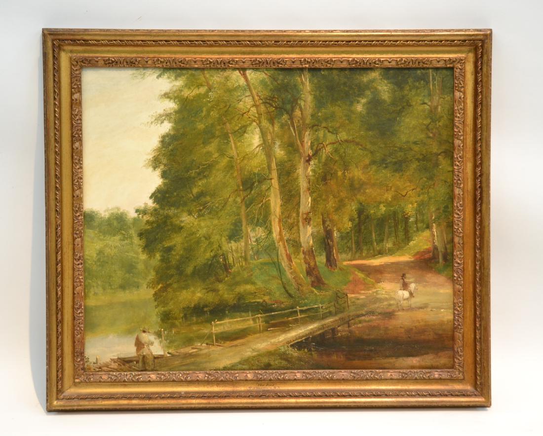 THOMAS CRESWICK (BRITISH, 1811-1869): OIL ON CANVAS "THE FORD" BRIDGE OVER RIVER LANDSCAPE WITH FIGURES ON HORSEBACK , SIGNED THOS. CRESWICK , RA, 1846 , LOWER RIGHT , IN GILTWOOD FRAME - 30" x 25" , 35" x 30" OVERALL
