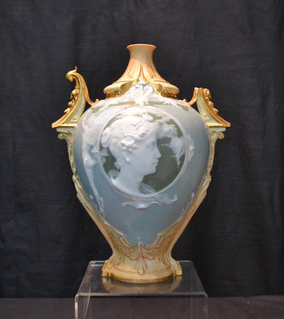ROYAL WORCESTER ? PATE SUR PATE PORTRAIT VASE: WITH PORTRAIT OF WOMAN & FAIRY ; (MISSING BASE & HAS CHIP OF HANDLE) 5 1/2" x 9" x 12 1/2"