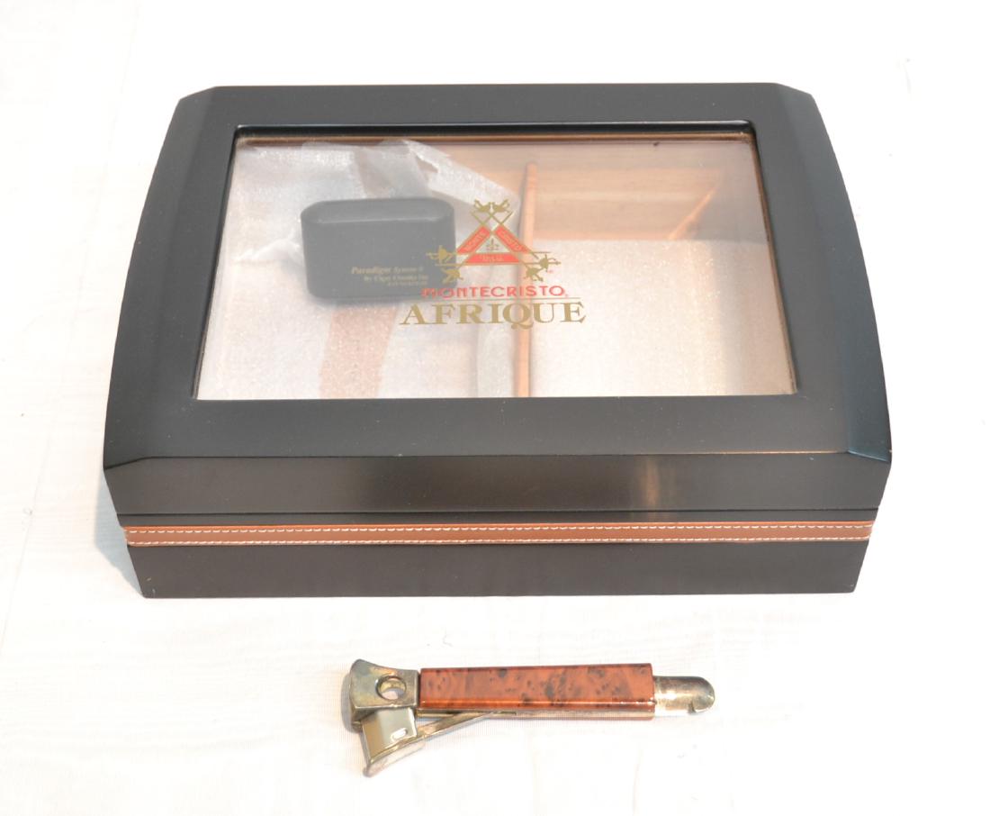 MONTECRISTO AFRIQUE CIGAR BOX HUMIDOR: WITH VINTAGE CIGAR CUTTER - BOX IS 12" x 9" x 3 3/4"