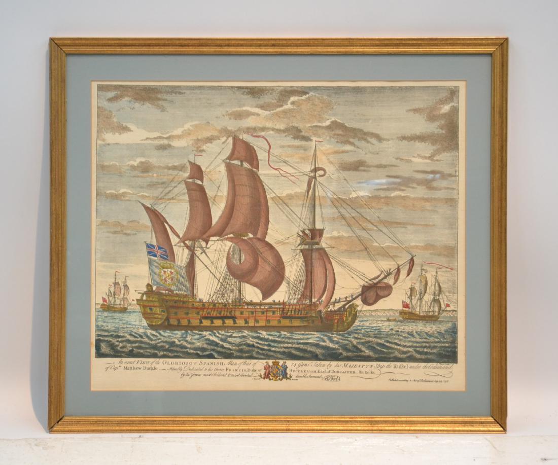 J. MYNDE , HAND COLORED PRINT: AN EXACT VIEW OF THE GLORIOSO ,A SPANISH MAN OF WAR" , MARKED J. MYND , SCULP - 23 1/2" x 19 1/2" ; 28 1/2" x 24 1/2