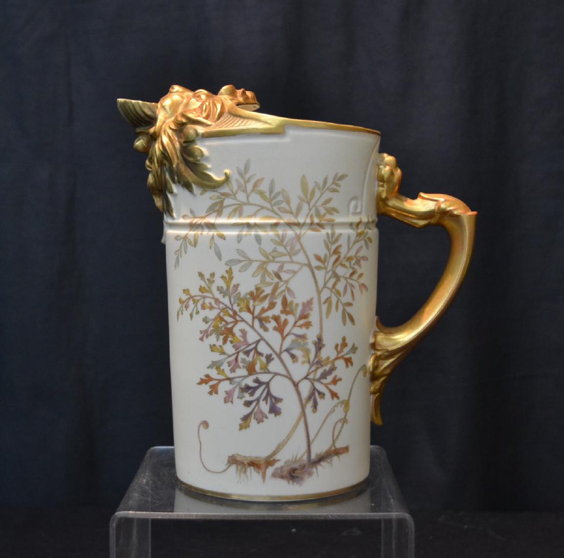 ROYAL WORCESTER WINTER WIND PITCHER: ROYAL WORCESTER PITCHER WITH LION HEAD SPOUT & PAW HANDLE (DRILLED) 8" x 5" x 9"