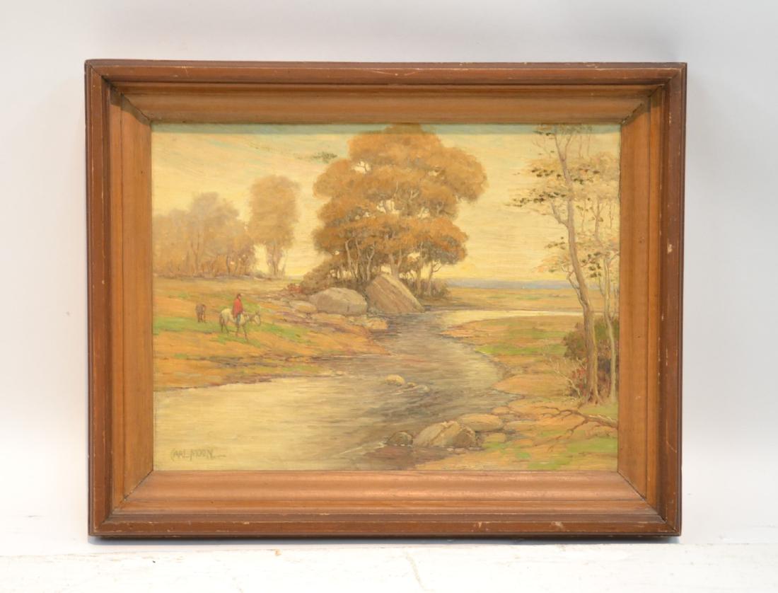 CARL MOON (1879-1948, CALIF, AZ) OIL ON CANVAS: LANDSCAPE WITH NATIVE AMERICAN ON HORSE WITH A STREAM, SIGHT SIZE 16" x 12" ,19 1/2" x 15 1/2" . IN ORIGINAL CARVED WOODEN FRAME. (TWO SMALL REPAIRS, SLIGHT CRAQUELURE)