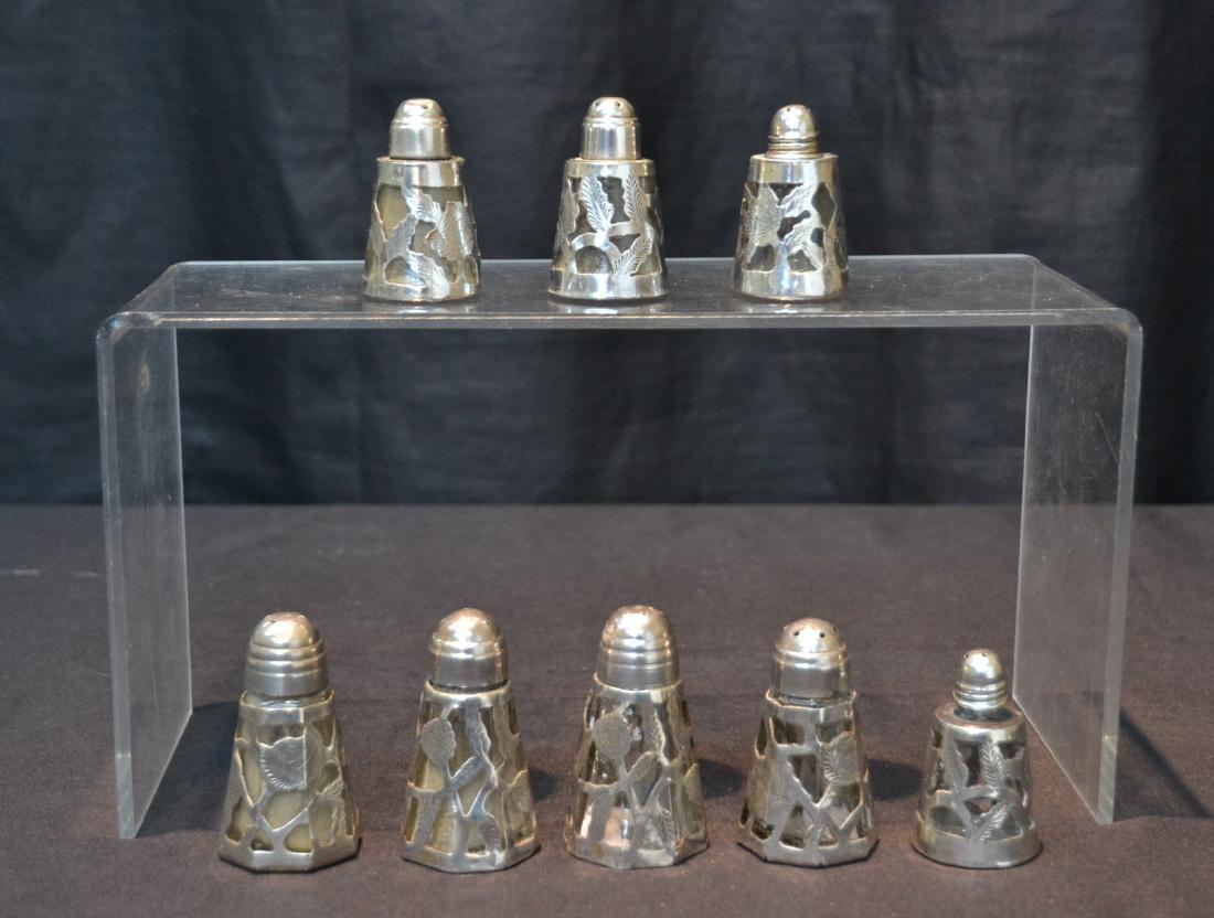 (8) STERLING OVERLAY SALT & PEPPERS: LARGEST IS 1 1/2" x 3"